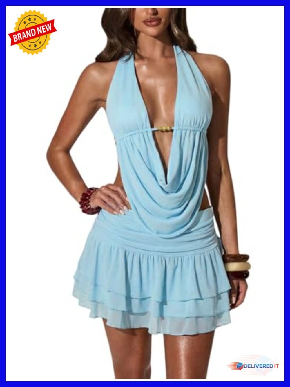 2 Piece Set Sexy Draped Halter Top and Mini Skirt Rave Club Wear